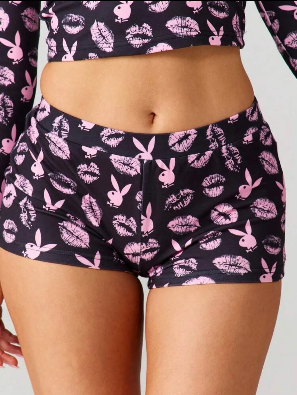 PLAYBOY Black and Pink Long-Sleeve Crop Top & Shorts Sleep Set